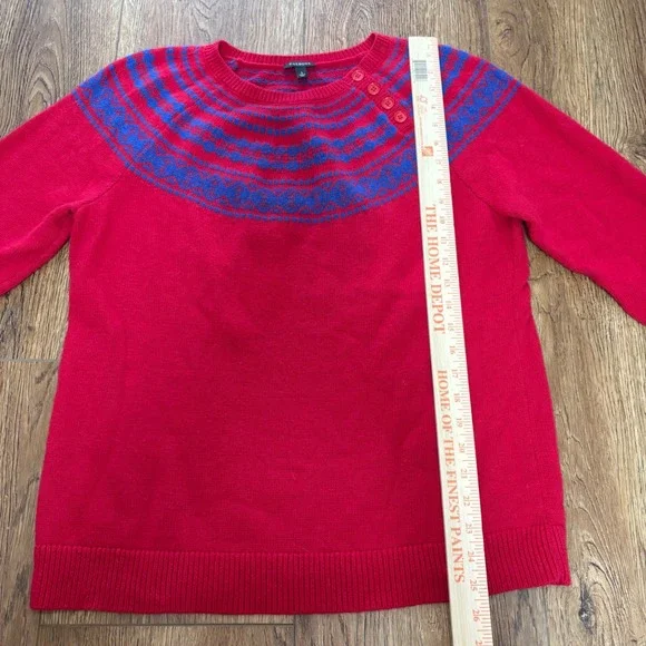 Talbots Lambswool Fair Isle Knit Sweater Womens L Red Blue Crew Neck Buttons - Picture 8 of 11
